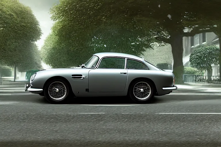 Image similar to a wholesome animation key shot of one focused aston martin db 5, on a residential london street, trees, medium range, studio ghibli, pixar and disney animation, sharp, very detailed, unreal engine 5 render, high resolution, anime key art by greg rutkowski