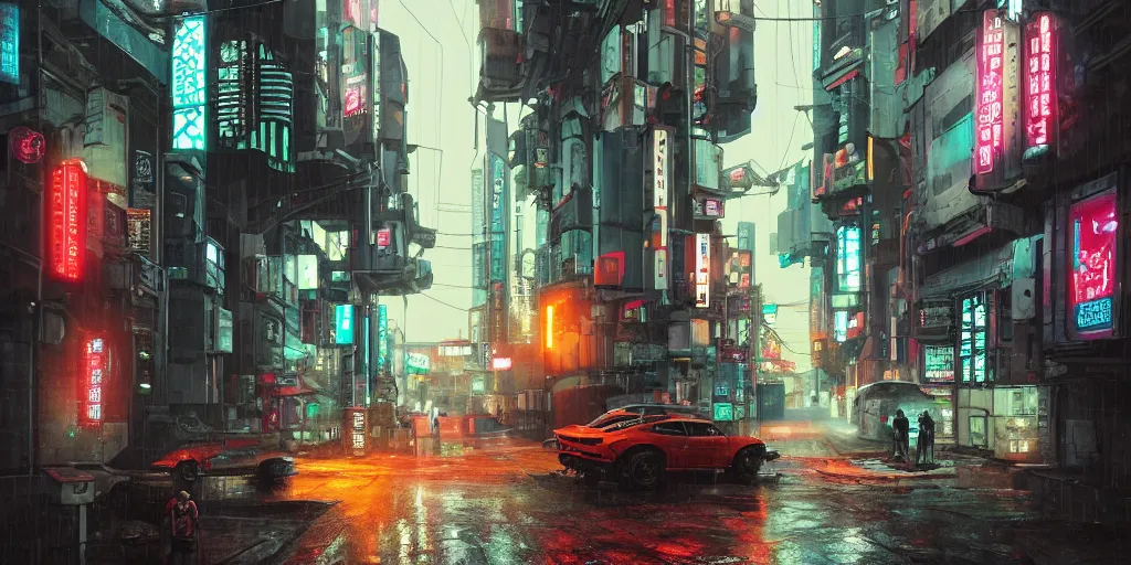 Image similar to Cyberpunk back alley with a futuristic car in the foreground on a rainy day in Japan, low angle view, detailed matte painting, cinematic, Simon Stalenhag, Artstation