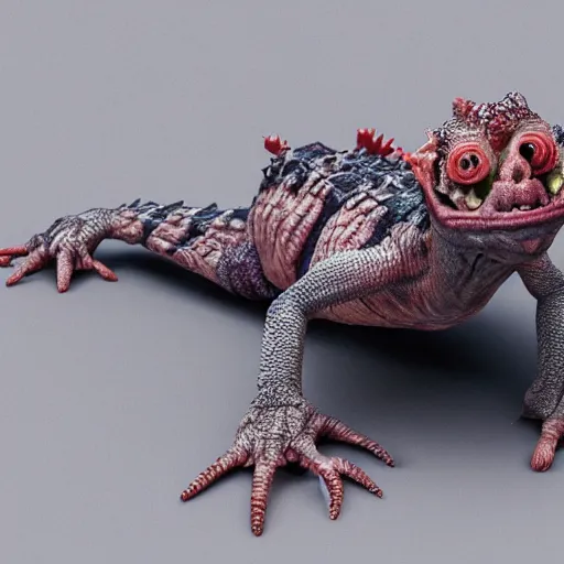 Image similar to a grotesque but cute creature crawling on four legs with weird features, strange feeelrs, coloured scaly skin, looking inquisitively at the camera, 3d render, studio lighting