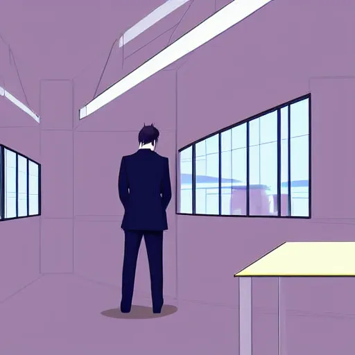 Prompt: a worker wearing a suit is contemplating life in front of his desk, it is all inside a small depressive cubicle which is completely surrounded by beautiful nature, anime style