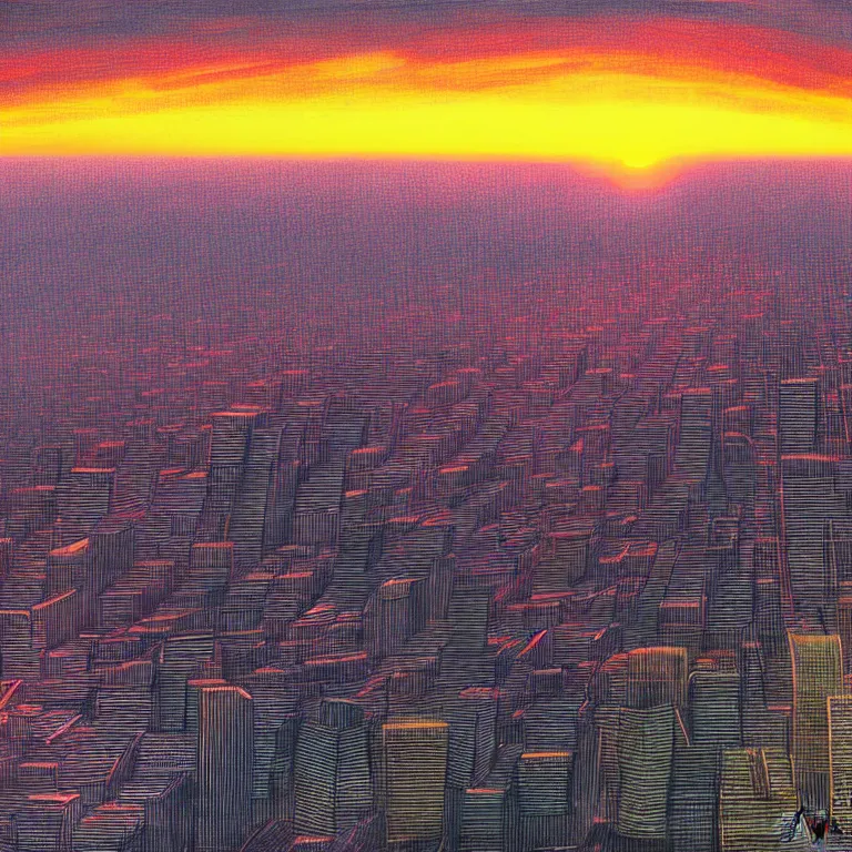 Image similar to birdseye view of a sunrise over a city, art by wain louis