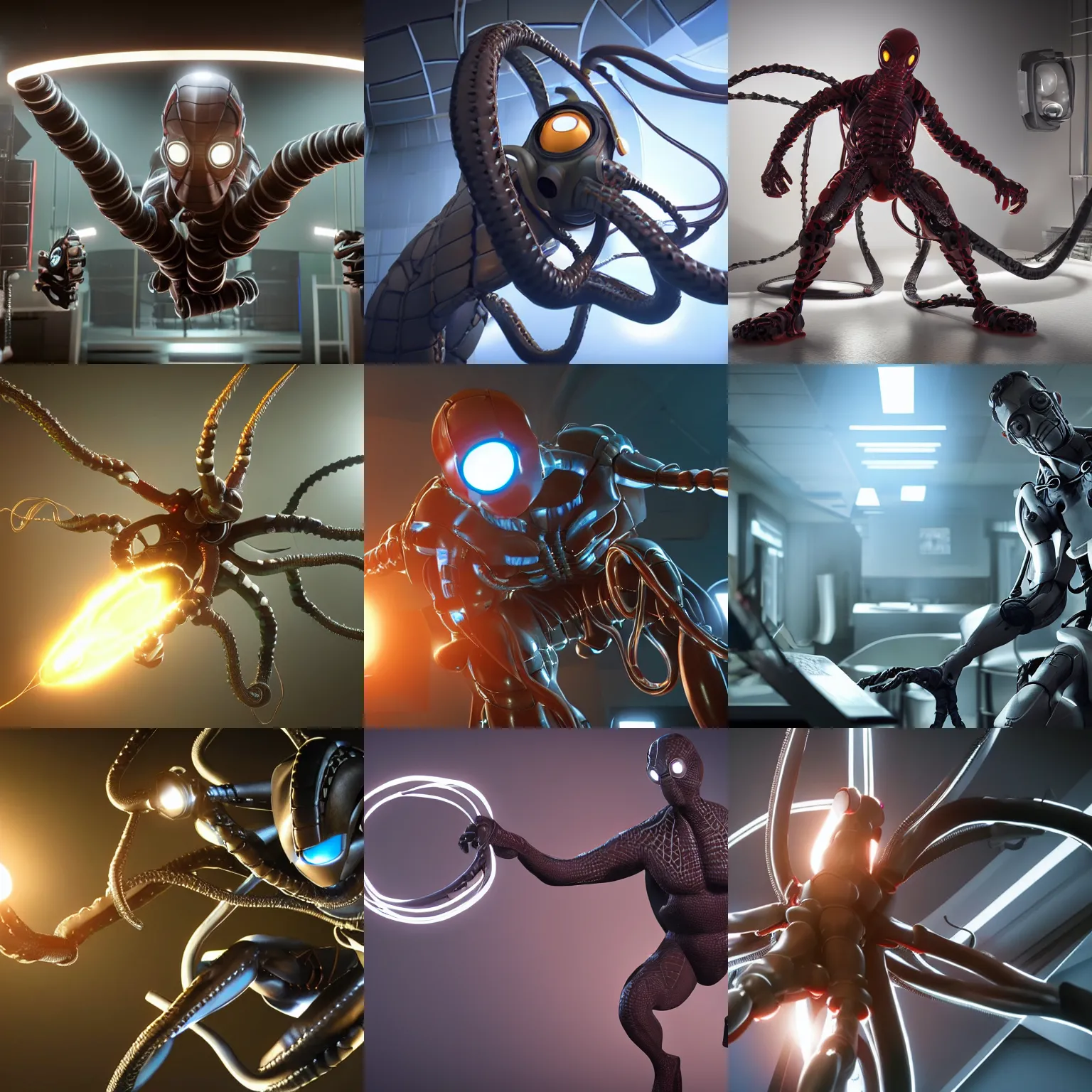 Prompt: still photo of doctor octopus, studio lighting, unreal engine 5 quality render, photorealistic portrait, highly detailed, bright studio setting, crisp quality and light reflections
