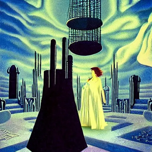 Image similar to labyrinth pan's by karel thole, by phil koch extemporaneous. a beautiful painting. she coalesces into a tall woman in a white dress, diamonds around her neck, hair carefully arranged in auburn waves, young & old at the same time.