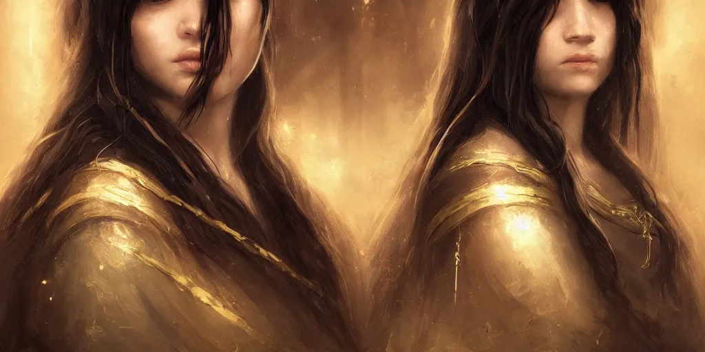 Prompt: a portrait of a young priestess with long black hair weavering golden string of magic, barroque painting, ultra realistic. cinematic, dynamic. magic the gathering style. epic fantasy, insanely detailed, 4k, symmetrical face, rpg character reference