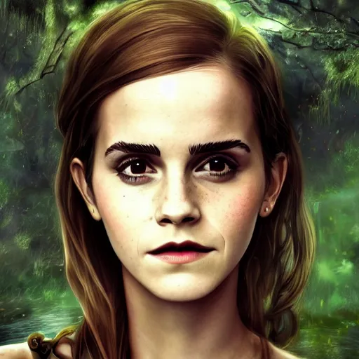 Image similar to emma watson as a swamp witch, digital art, trending on art station, swamp background, illustration, character illustration, 4 k, hyper detailed, by jason chan