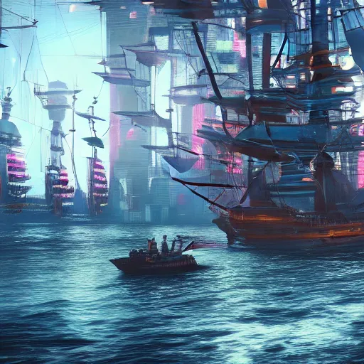 Image similar to high quality photo of a pirate ship in a cyberpunk cyberpunk cyberpunk city, realism, 8k, award winning photo