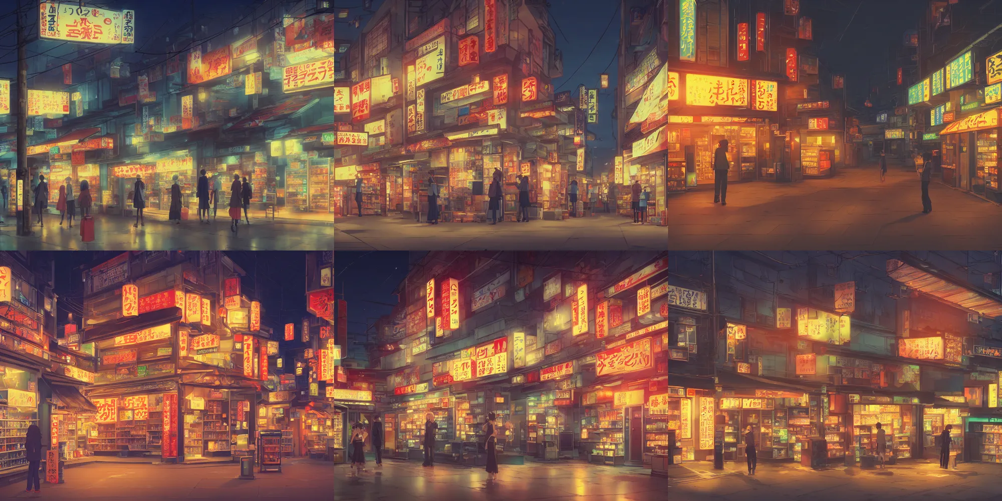 Prompt: glowing convenience store on a dark kyoto street, night time, anime by makoto shinkai, 4 k