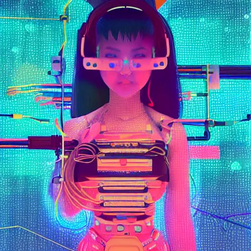 Prompt: space station on the moon, piles of modular synth cables mixed with mangrove roots, kawaii puerto rican goddess staring through your soul wearing a headpiece made of circuit boards, by makoto shinkai and stanley kubrick, unique perspective, eastman color, trending on artstation, cinematic, 3 d render, muted neon