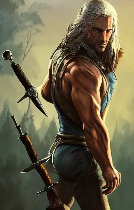 Image similar to pretty muscular sam winchester as the witcher, fantasy style, sharp focus!, ultra detailed, art by artgerm and peter andrew jones, wlop