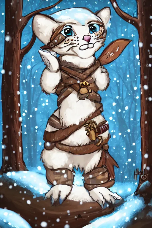 Image similar to a pretty medieval anthropomorphic snow leopard with a fluffy tail in the forest, comic art, trending on furaffinity, cartoon, kawaii, backlighting, furry art!!!, radiant light, bokeh, trending on artstation, digital art