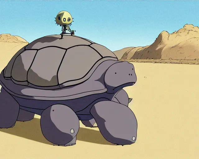 Image similar to a study of cell shaded cartoon of a grey mechanized turtle from howl's moving castle ( 2 0 0 4 ) on a desert road, full body, wide shot, muted colors, post grunge, studio ghibli, laurie greasley, highly detailed, deviantart, art by artgem