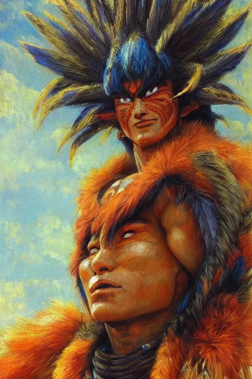 Image similar to portrait of an indigenous saiyan on their home planet. realistic portrait. art by gaston bussiere.