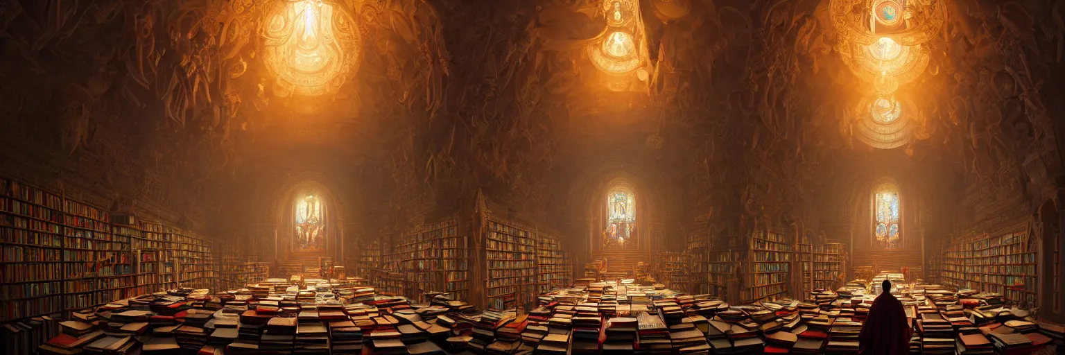 Prompt: Inside The Great Vajrayana Dzogchen Cathedral Temple Secret Library, thousands of books and sacred texts piled up, reading desks for scholar monks, beautiful lighting, by Andreas Rocha and Peter Mohrbacher, cinematic concept art matte painting, intricate detailed stunning incredible, 8K, trending on Artstation