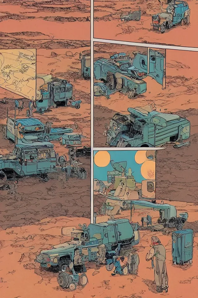 Image similar to colorfull comicpage with panels and speech balloons by Moebius and Jean Giraud showing a futuristic oil truck driving through the desert, airtight garage