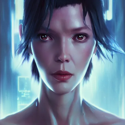 Image similar to kerli koiv, ghost in the shell, bladerunner, character portrait, sharp, digital matte painting, anime key art by yoshitaka amano, greg rutkowski, wlop, dramatic lighting, trending on artstation