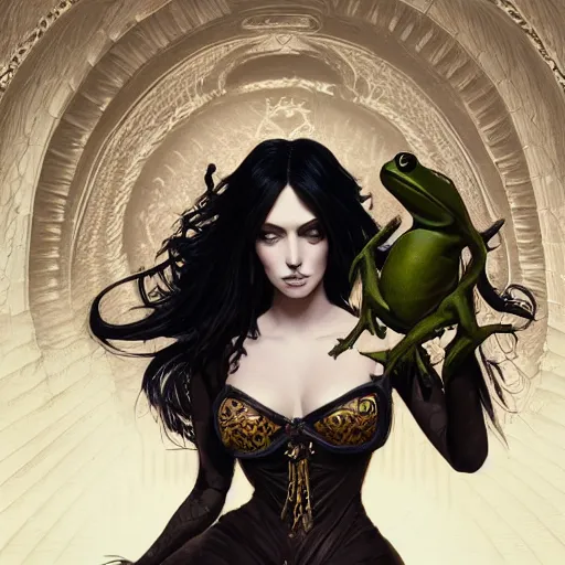 Image similar to attractive goth woman with a frog, intricate, highly detailed, digital painting, artstation, concept art, smooth, sharp focus, illustration, unreal engine 5, 8 k, art by artgerm and greg rutkowski and alphonse mucha