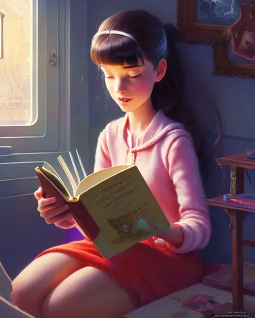 Image similar to highly detailed portrait of beautiful girl reading a book in toy story 3, dynamic pose, stephen bliss, unreal engine, fantasy art by greg rutkowski, loish, rhads, ferdinand knab, makoto shinkai and lois van baarle, ilya kuvshinov, rossdraws, tom bagshaw, global illumination, radiant light, detailed and intricate environment