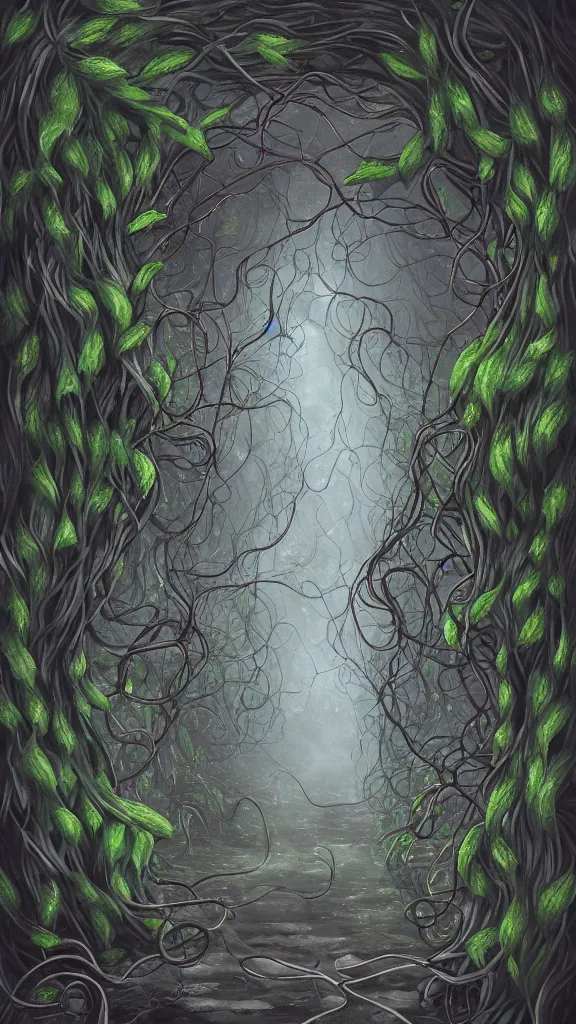 Image similar to long thick vines everywhere, fantasy art, art station, grey background,