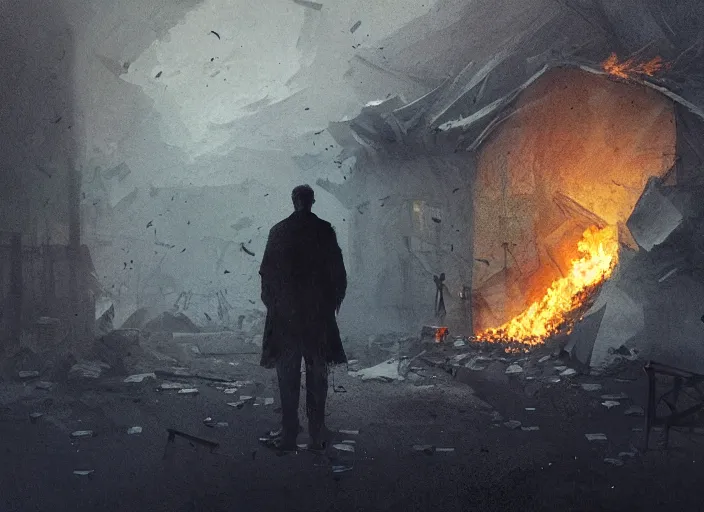 Image similar to the silhouette of a sad man looks at the destroyed and burning world, sheets of paper fly around volumetric lighting, digital painting, highly detailed, artstation, sharp focus, illustration, concept art, ruan jia, steve mccurry, amazing composition