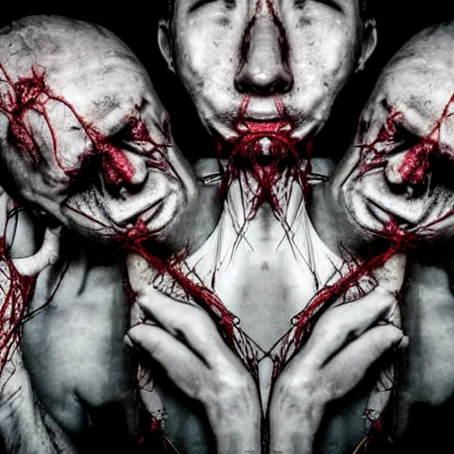 Prompt: stunning documentary style photo of experimental surgery of a man sewn together to another man with multiple heads multiple arms grotesque twisted vein covered splotchy skin of despair, painful merging of bodies disgusted siamese horror conjoined psychotic painful people award winning style photography - n 6