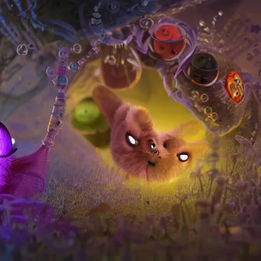 Image similar to tiny hades, expressive eyes, floating, rbc, radiolaria, bunny, protophyta, micro - organisms, center frame, symmetric, rim light, marine microbiology, bioluminescence, electric, fur, soft, concept art, intricate details, highly detailed, colorful, photorealistic, disney pixar, octane render, iridescent, anime