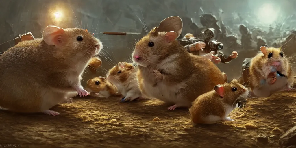 Image similar to highly detailed image of hamsters in a battle, hamsters, hamsters holding rifles, stephen bliss, unreal engine, fantasy art by greg rutkowski, global illumination, radiant light, detailed and intricate environment