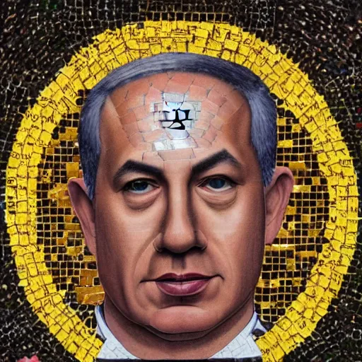 Prompt: realistic portrait of benjamin netanyahu, wearing white monk robes, a string with a golden star of david around his neck, a golden crown over his head, as a byzantine mosaic, very detailed, very realistic, elegant, top art, renowed artwork
