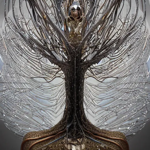 Image similar to a human man statue encased by a cosmic tree, a sense of awe, amazement, monogon, plasma display, wooden, silver, mercury, damascus, armature wire, multiscopy, morph, in a symbolic and meaningful style, insanely detailed and intricate, hypermaximalist, elegant, ornate, hyper realistic, super detailed,