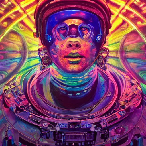 Image similar to An extremely psychedelic experience, colorful, surreal, dramatic lighting, cosmonaut, LSD, face, detailed, intricate, elegant, highly detailed, digital painting, artstation, concept art, smooth, sharp focus, illustration, art by Sam Spratt, Dan Mumford, Artem Demura and Alphonse Mucha