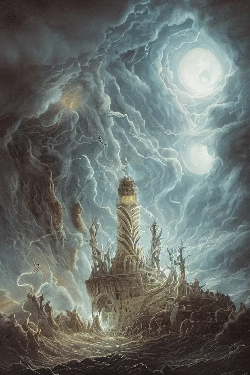 Prompt: Detailed Exterior Shot of Stormy Nightmare Horror Film Evil Stormy Lighthouse of Alexandria, light of hell, moonlight shafts, flock of birds, epic atmosphere, in Style of Peter Mohrbacher, cinematic lighting