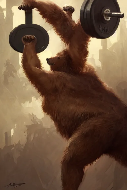 Image similar to anthro bear lifting weights, dim dingy gym, dynamic pose, fantasy, intricate, elegant, highly detailed, digital painting, artstation, concept art, matte, sharp focus, illustration, art by artgerm and greg rutkowski and alphonse mucha