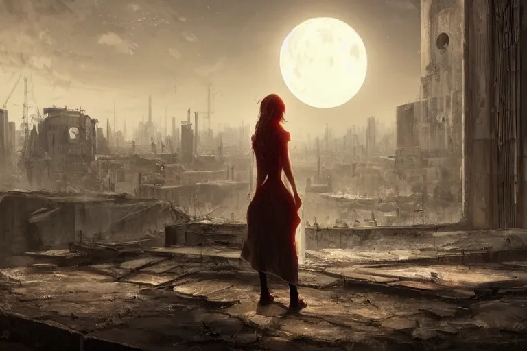 Image similar to a beautiful illustration of a lonely girl against the background of a ruined city and a red moon, artstation, by Frederik Heyman, sophisticated, Unreal engine, dystopia, anti-utopia, post processing, nostalgic melancholic artwork