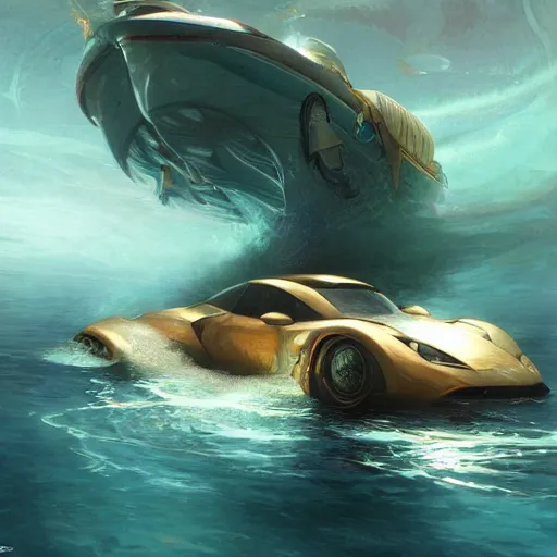 Image similar to a car under the water in the ocean, D&D, fantasy, intricate, cinematic lighting, highly detailed, digital painting, artstation, concept art, smooth, sharp focus, illustration, art by Artgerm and Greg Rutkowski and Alphonse Mucha