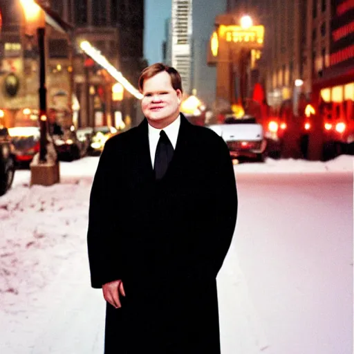 Image similar to 1 9 9 8 andy richter wearing a black wool coat and necktie standing on the streets of chicago at night in winter, dynamic lighting, holiday season.