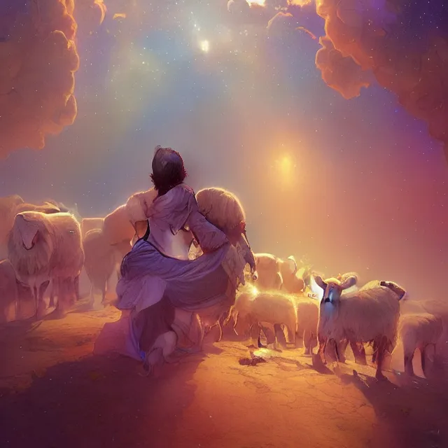 Image similar to bedouin father with sheeps surrounded by nebula, highly detailed, gold filigree, romantic storybook fantasy, soft cinematic lighting, award, disney concept art watercolor illustration by mandy jurgens and alphonse mucha and alena aenami, pastel color palette, featured on artstation