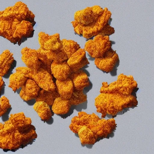 Prompt: An asteroid field made of chicken nuggets. photorealistic, 8k, cinematic