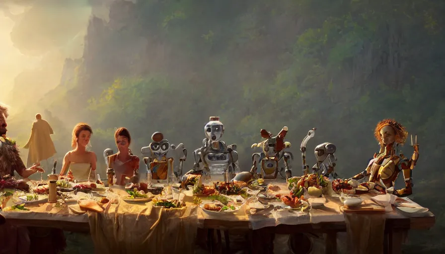 Prompt: a table dinner of humanoid robots where robots are dressed like the characters from the midsommar movie, realistic detailed digital art by maxwell boas jessica rossier christian dimitrov anton fadeev trending on artstation cgsociety rendered in unreal engine 4 k hq