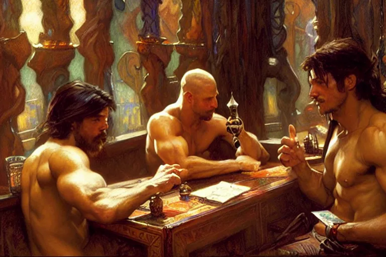 Image similar to muscular attractive wizards playing magic in bar, painting by gaston bussiere, craig mullins, greg rutkowski, alphonse mucha