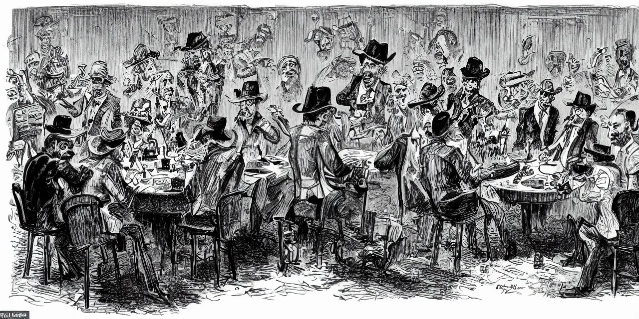 Image similar to caricature sketch by r. crumb, theme of insects dressed as cowboys playing cards while seated around a round table in front of a stage show 1 8 7 0