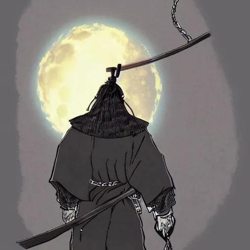 Prompt: A PORTRAIT FROM BEHIND OF A SAMURAI MAN VAGABOND WITH A MOON BEHIND HIM ,THE SAMURAI IS WRAPPED IN CHAINS ,detailed,editorial illustration, matte print, concept art, ink style , sketch , digital 2D