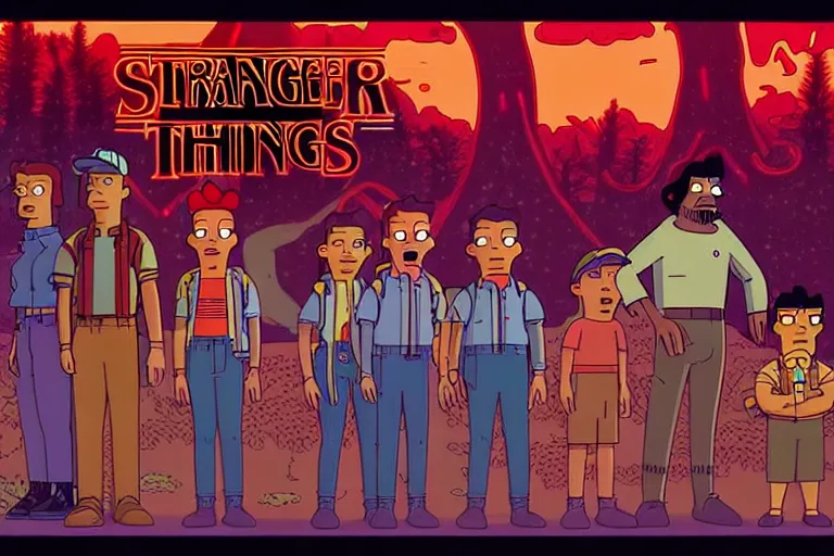 Image similar to scene from the animated version of Futurama Stranger Things with Jim Hopper and Demogorgon, cartoon, detailed faces, high resolution, hyper detailed, intricate, illustrated, dramatic lighting, illustration, artstation, concept art, smooth, sharp focus, art by Alphonse Mucha and Matt Groening !n-9