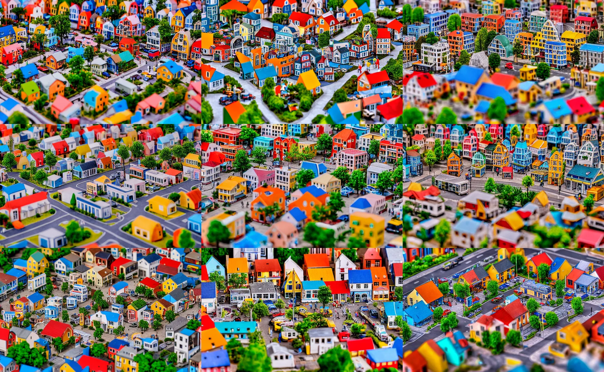 Prompt: miniature city town with lots of people by martin handford, colorful