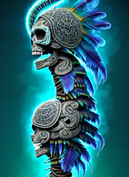 Image similar to 3 d shaman with tattoos profile portrait, sigma 5 0 0 mm f / 5. beautiful intricate highly detailed quetzalcoatl skull and feathers. bioluminescent, plasma, frost, water, wind, creature, gradient background, thunderstorm! artwork by tooth wu and wlop and beeple and greg rutkowski, 8 k trending on artstation,