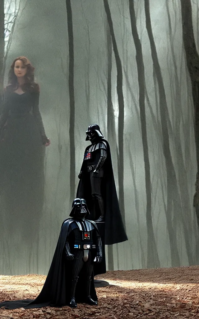 Image similar to darth vader anb bella from twillight staying together in front of, on the background star destroyer landed on the wood ground in the twilight saga movie, shot from the twillight movie