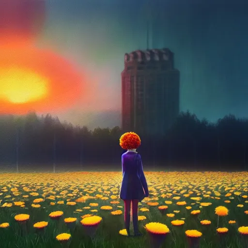 Image similar to giant daisy flower head, frontal, a girl in a suit, surreal photography, sunrise, dramatic light, impressionist painting, digital painting, artstation, simon stalenhag