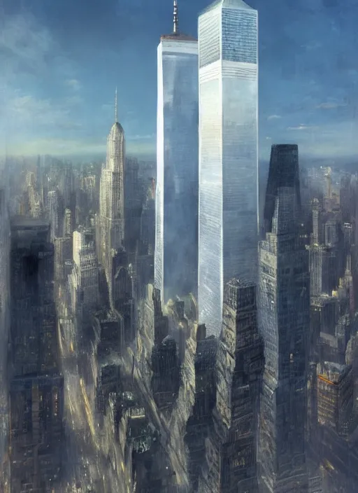 Prompt: the world trade center in new york city, a realistic digital painting by greg rutkowski and james gurney, trending on artstation, highly detailed