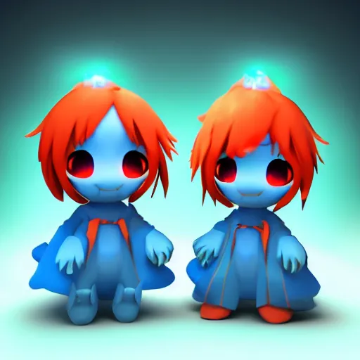 Image similar to cute fumo plushes of a set of red and blue twins who are masters of fire and ice magic respectively, outline glow, particle simulation, blue and orange lens flare, vray