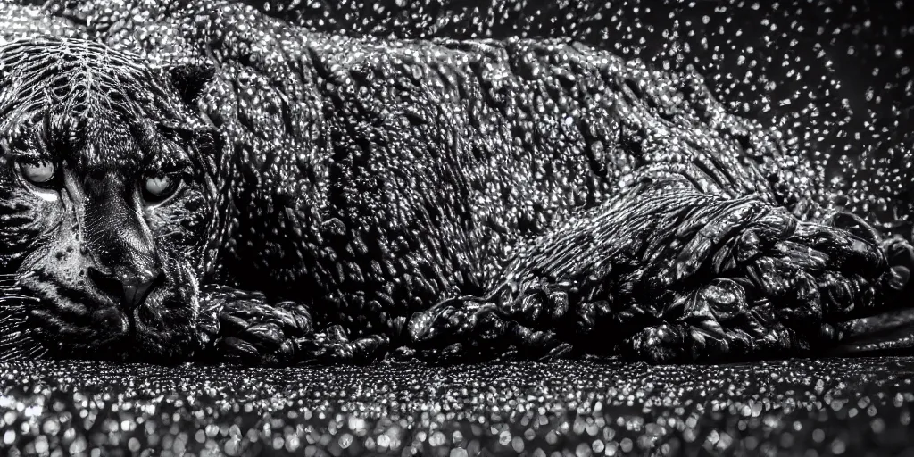 Prompt: the smooth black jaguar, made of ferrofluid, laying on the couch in the living room after bathing in the ferrofluid. photography, dslr, rimlight, wrinkles, reflections, black goo