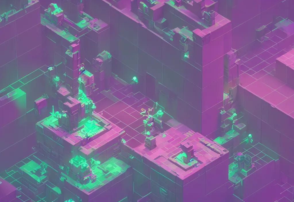 Image similar to isometric magicavoxel bloodborne no mans sky character, vaporwave, cinematic lighting, 4 k