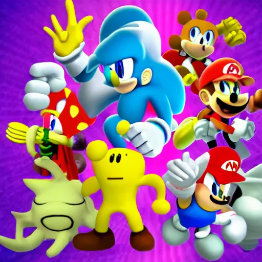 Prompt: super smash bros brawl with squidward tentacles and patrick star and sonic the hedgehog winnie the poo, super high quality render